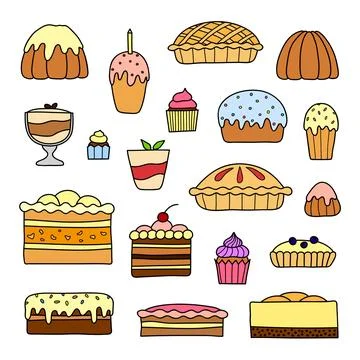 Collection of doodle cakes. Stock Illustration