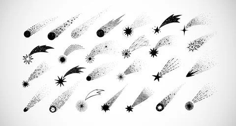 Collection of doodle comets, meteorites and shooting stars on white background Illustrazione stock