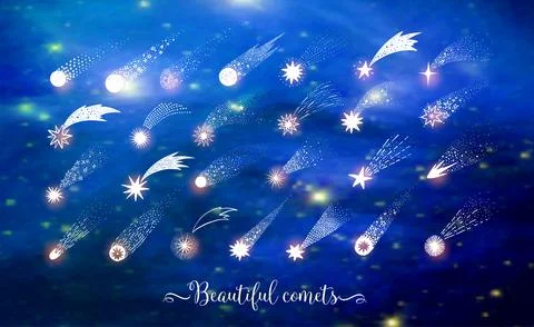 Collection of doodle comets, meteorites and shooting stars on blurred blue space Illustrazione stock