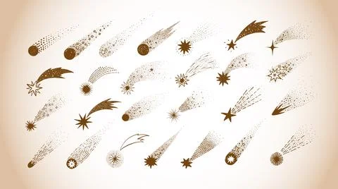 Collection of doodle comets, meteorites and shooting stars in vintage style Illustrazione stock