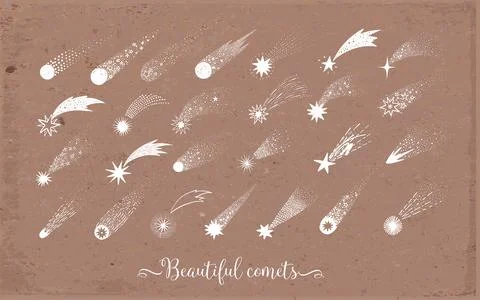 Collection of doodle comets, meteorites and shooting stars on brown parcel paper Illustrazione stock