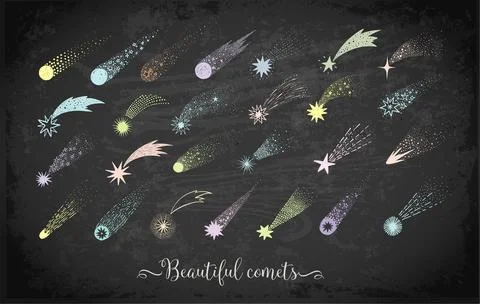 Collection of doodle comets, meteorites and shooting stars on blackboard Illustrazione stock