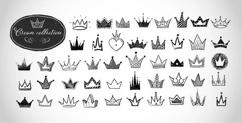 Collection of doodle crowns on white background. Vector sketch illustration. Illustrazione stock
