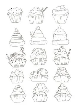 Collection of doodle cupcakes. Stock Illustration