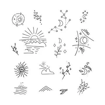 Collection of doodle decor elements - rising or setting sun, moon, clouds and 스톡 일러스트