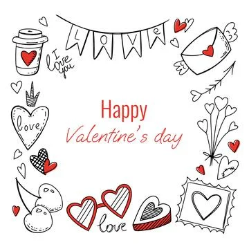 Collection of doodle elements and text happy valentines day Illustrazione stock