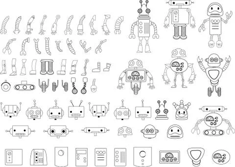 Collection of doodle robots and elements Stock Illustration