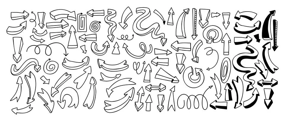 Collection doodles of arrows and pointers, shapes. Vector linear hand drawns Illustrazione stock
