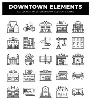 Collection of downtown city elements and icons in a linear art style. Illustrazione stock