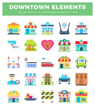 Collection of downtown city elements with buildings. transportation. and se.. Illustrazione stock