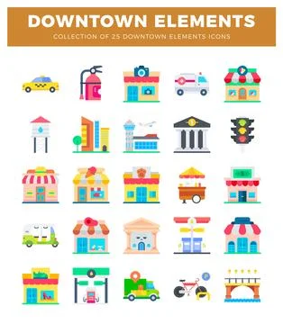 Collection of downtown city elements in flat icon style. Includes buildings.. 스톡 일러스트