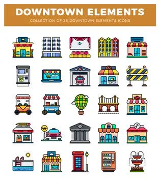 Collection of downtown city elements icons. diverse buildings and services... 스톡 일러스트