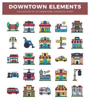 Collection of downtown city elements icons with building. transportation. a.. 스톡 일러스트