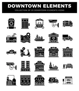 Collection of downtown city elements. icons and symbols. with diverse urban.. Stockillustratie