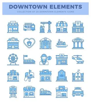 Collection of downtown city elements icons with blue outlines on white back.. Stock Illustration