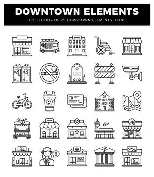 Collection of downtown city elements icons. line art style. Illustrazione stock