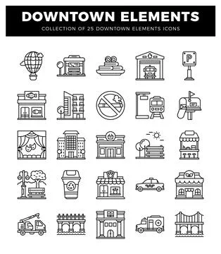 Collection of downtown city icons in a clean line art style. representing u.. Illustrazione stock