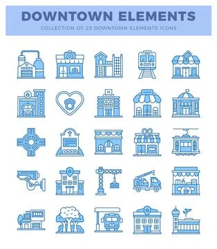 Collection of downtown element icons with building and transportation graphic Stock Illustration