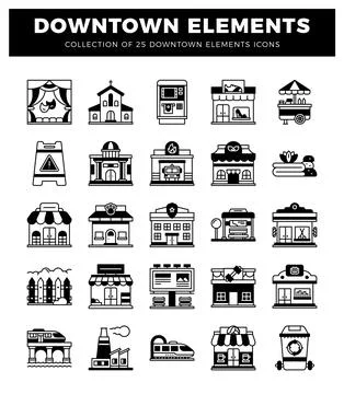 Collection of downtown element icons with building and transportation symbols Ilustración de archivo