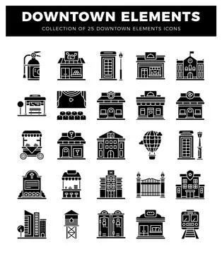 Collection of downtown element icons with building and transport illustration Ilustración de archivo