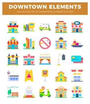Collection of downtown element icons in flat design style Illustrazione stock
