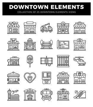 Collection of downtown element icons including buildings and vehicles in a .. Stock Illustration