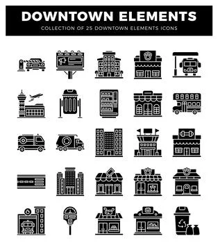 Collection of downtown element icons including buildings and vehicles 스톡 일러스트