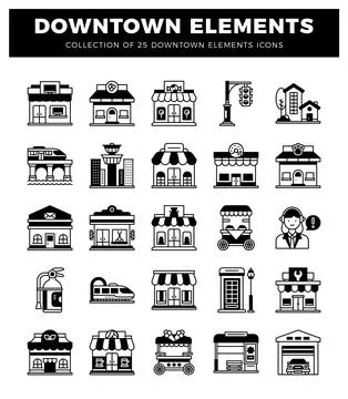 Collection of downtown elements icons in black and white Stockillustratie