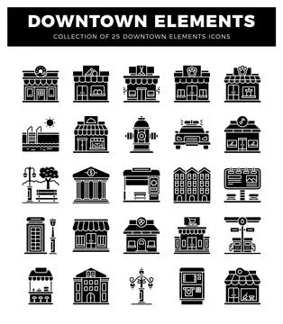 Collection of downtown elements icons in black and white Stockillustratie