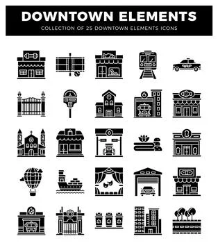 Collection of downtown elements icons with buildings and transportation Ilustración de archivo
