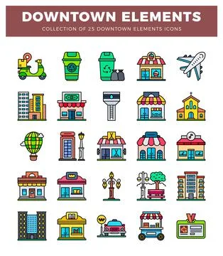 Collection of downtown elements icons featuring buildings. vehicles. and am.. Stock Illustration