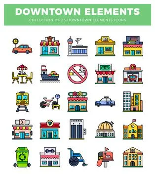 Collection of downtown elements icons featuring urban transportation. build.. イラスト素材