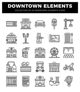 Collection of downtown elements icons in a grid layout. Stock Illustration