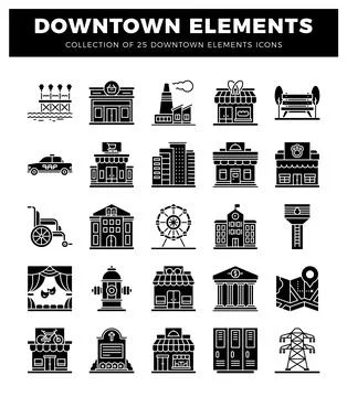 Collection of downtown elements icons in a grid layout. 스톡 일러스트