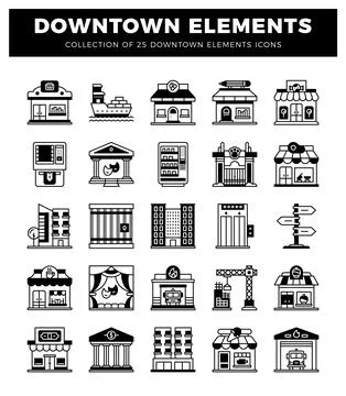 Collection of downtown elements icons. Stock Illustration
