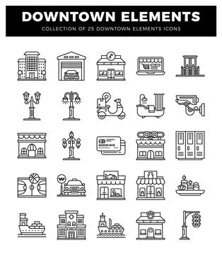 Collection of downtown elements icons. 库存插图