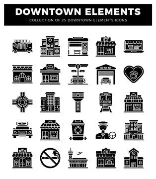 Collection of downtown elements icons including buildings. vehicles. and ci.. Stock Illustration