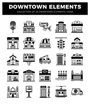 Collection of downtown elements icons showing buildings and urban objects Stock Illustration