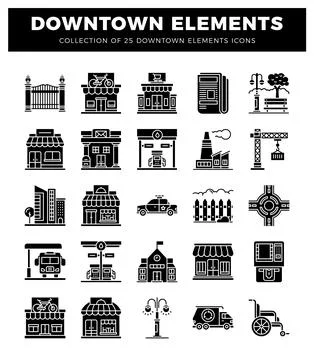 Collection of downtown elements icons in silhouette 库存插图
