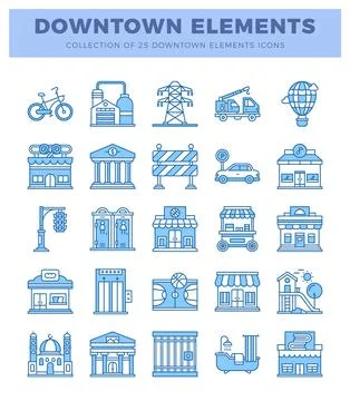 Collection of downtown elements icons on white background. Graphic collection Illustrazione stock