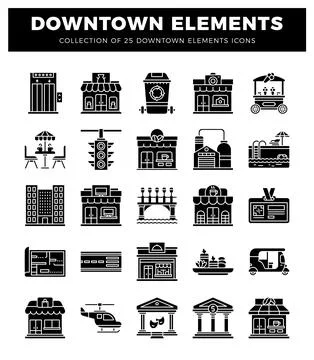 Collection of downtown icon set with building. transport. and amenity element Stock Illustration