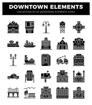 Collection of downtown urban elements in black and white icon set on a whit.. Stock Illustration