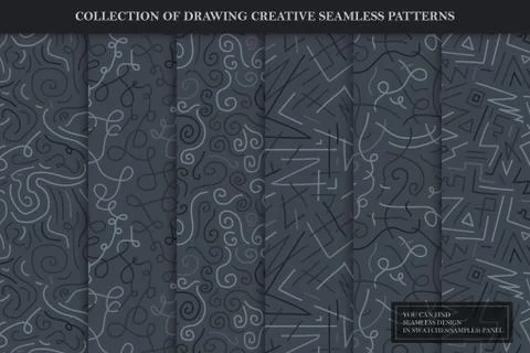 Collection of drawing creative seamless patterns. Dark gray striped curve イラスト素材