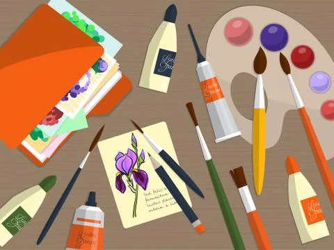 Collection of drawing tools and folder with papers on the table. Vector Stock Illustration
