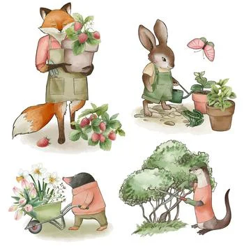 Collection of dressed animals doing gardening, hand drawn Stock Illustration