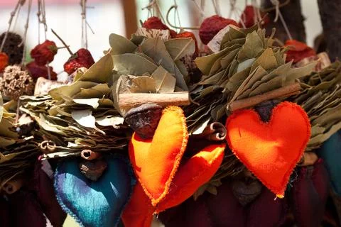Collection of dried fruit, vegetables and seasonings and hearts at the fair Stock Photos