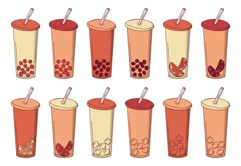 Collection of drinks in high glasses - coffee and bubble-tea. Beige colours Stock Illustration