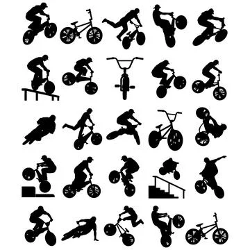 A collection of dynamic action silhouettes featuring extreme cycling stunts.. Stock-Illustration
