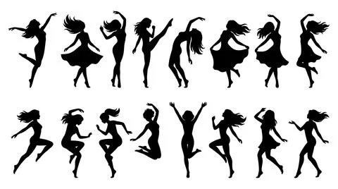 Collection of dynamic dancing female silhouettes in various poses vector Stock Illustration