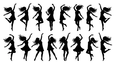 Collection of dynamic female silhouette poses dancing in flowing dresses Stock Illustration